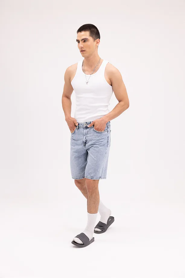 Erkek Açık Mavi Yüksek Bel Düz Paça Denim Şort