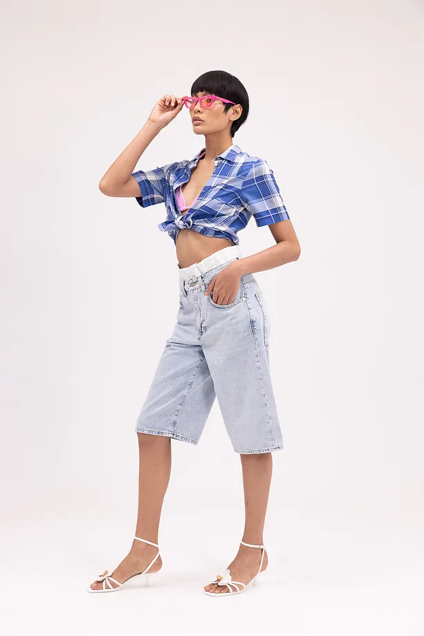  Yüksek Bel Kontrast Belli Denim Jort