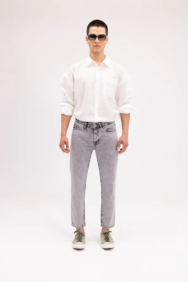 Erkek Gri Yıkamalı Slim Fit Denim Pantolon