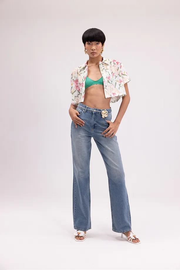 Kadın Yüksek Bel Mavi Düz Paça Denim Pantolon