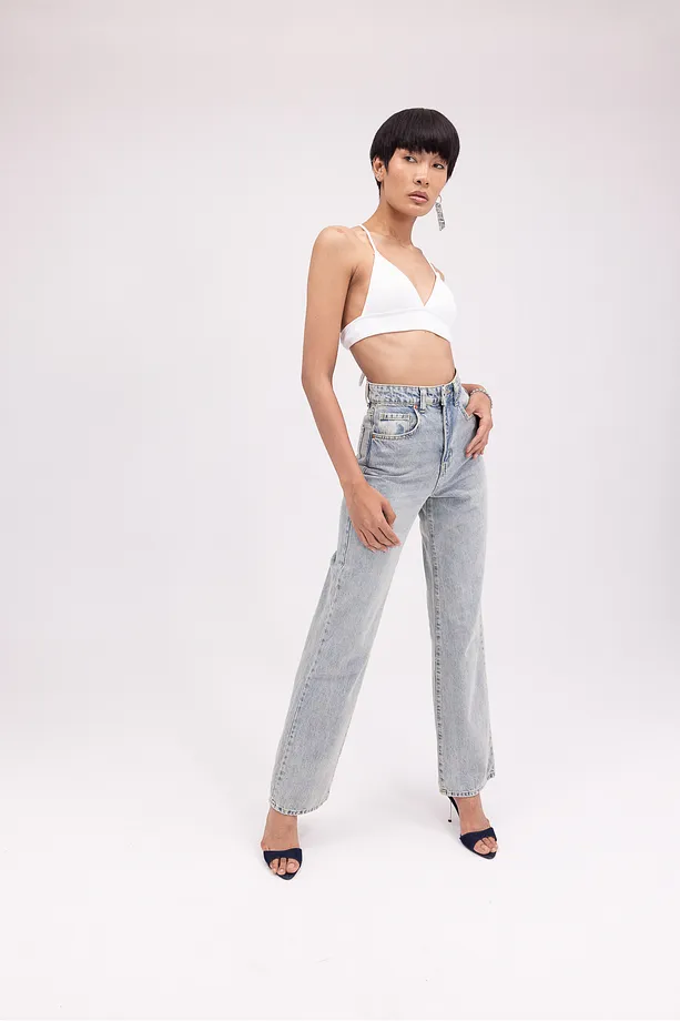  Kadın Açık Mavi Yüksek Bel Düz Paça Denim Pantolon