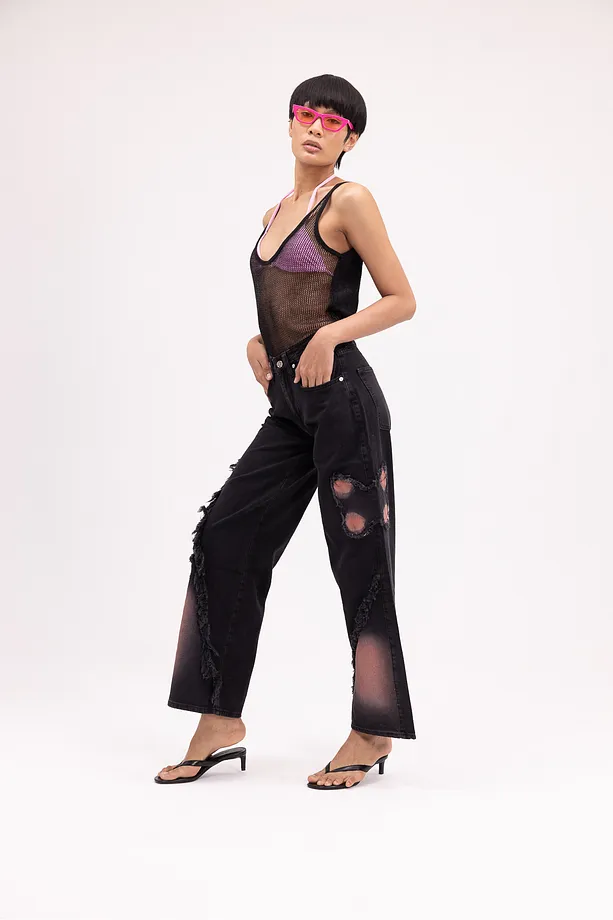 Kadın Siyah Yırtık Detaylı Yüksek Bel Wide Leg Jean Pantolon