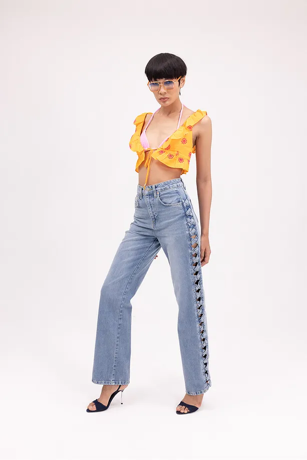  Kadın Yan Bağcık Detaylı Yüksek Bel Geniş Paça Denim Pantolon