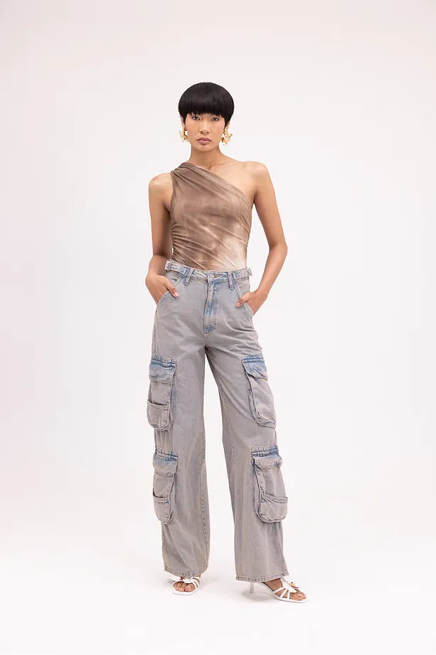 Çok Cepli Yıkama Detaylı Denim Kargo Jeans
