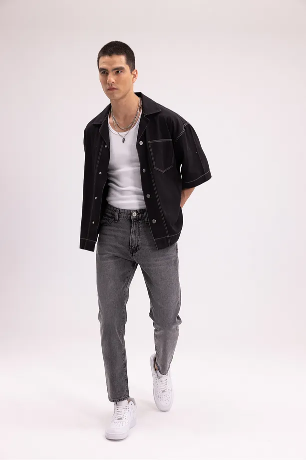 Erkek Gri Yıkamalı Slim Fit Denim Pantolon
