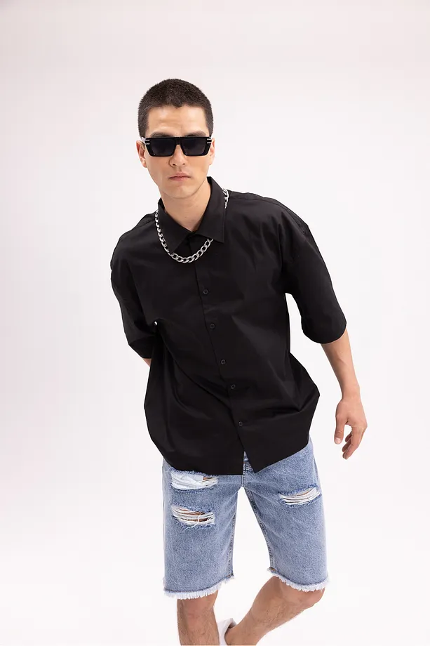 Erkek Siyah Kısa Kollu Oversize Gömlek