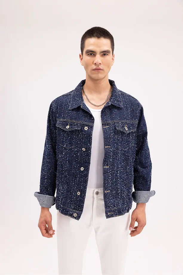 Erkek Koyu Mavi Desenli Denim Trucker Ceket