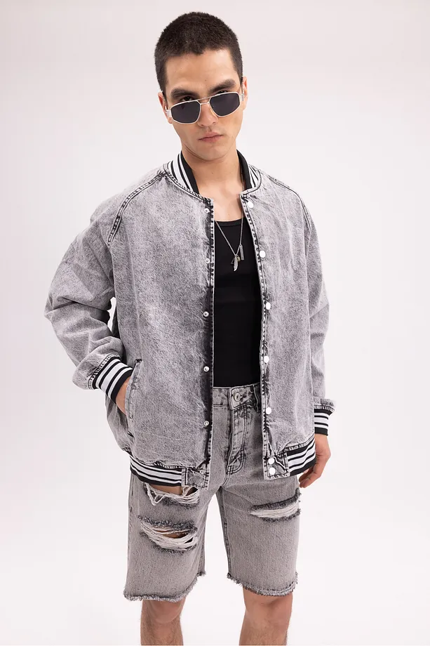 Erkek Gri Asit Yıkamalı Denim Bomber Ceket