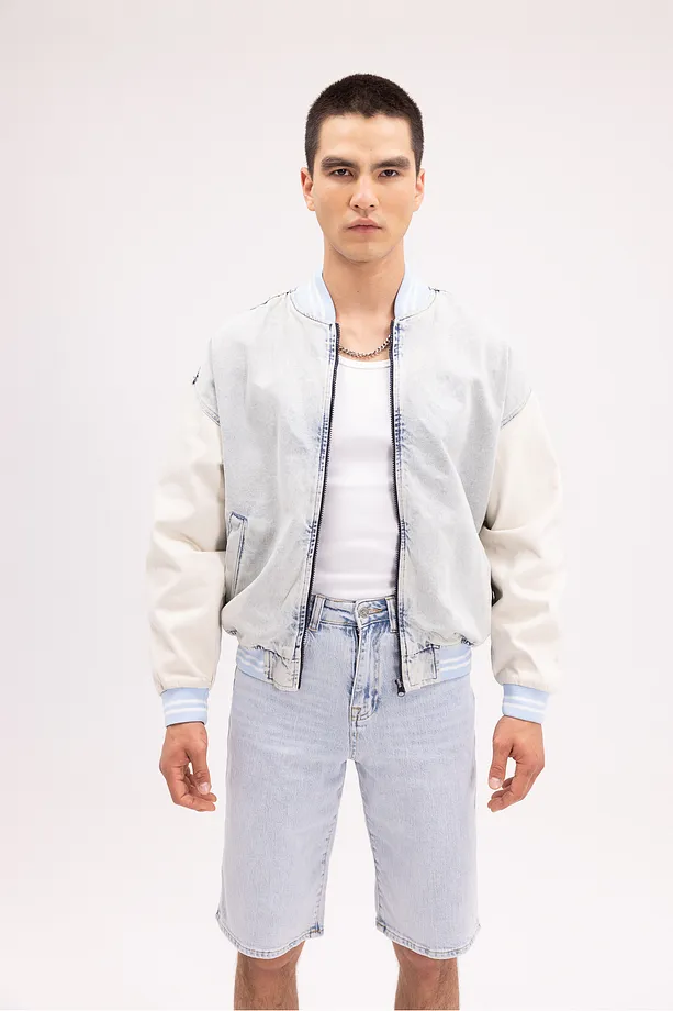 Erkek Açık Mavi Kontrast Kol Detaylı Bomber Denim Ceket